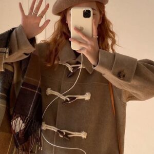 Wool Coat Womens Korean-Style Loose Slimming Horn-Button Petite Mid-Length Wool Fashionable