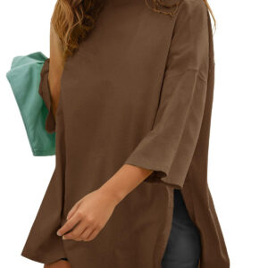 Fisoew Womens Oversized T Shirts Casual Sleeve Side Slit Workout Gym Loose Fit Summer Tee Tunic Tops