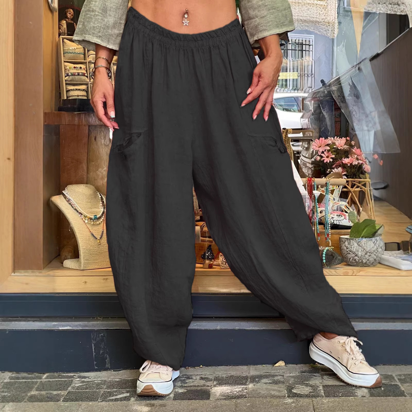 AutumnWinter Cotton-Linen Womens Long Solid-Color Pockets Loose Pants 5 AutumnWinter Cotton-Linen Womens Long Solid-Color Pockets Loose Pants - Image 5