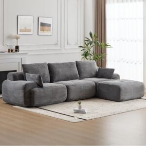 Modern Memory Foam Compressed Sofa, Large Sectional Couches For Living Room, Pet-Friendly Cloud Modular Sectional Sofa, Corduroy Fabric, Extra Deep Loveseat, No Assembly Required, Grey Color