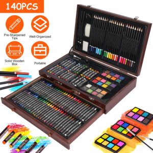 140Pcs Art Supplies With Colored Pencils Oil Pastels Crayons, Watercolor Cakes Brushes Sharpener Eraser In Elegant Wooden Box Professional Art Kit For Kids Adults Beginners Pros Office Supplies