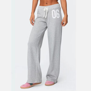 Womens Gray Loose-Fit Drawstring Pants With Letter Embroidery