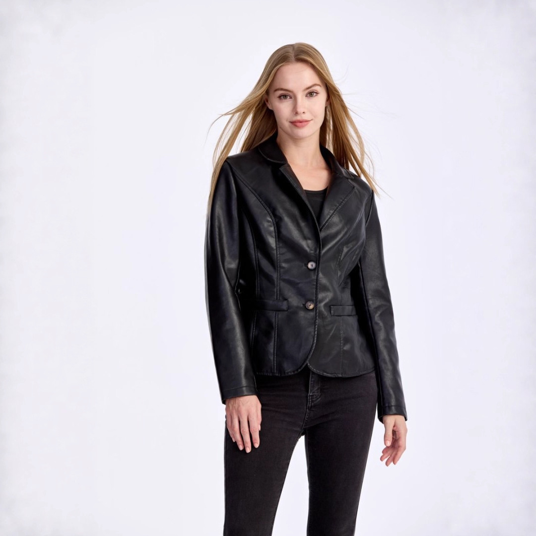 Womens Slim-fit Lightweight PU Leather Moto Jacket With A Turn-down Collar 3 Womens Slim-fit Lightweight PU Leather Moto Jacket With A Turn-down Collar - Image 3