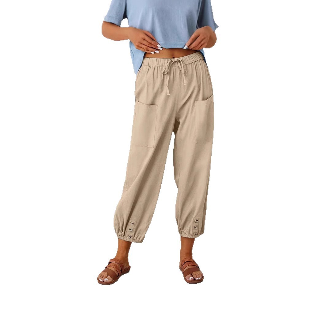 Buttoned Two-tone Linen Cropped Harem Pants 4 Buttoned Two-tone Linen Cropped Harem Pants - Image 4