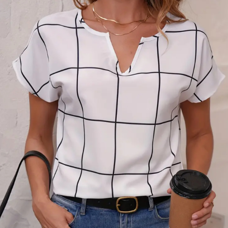 Plaid Print Notched Neck Blouse, Casual Short Sleeve Blouse For Spring & Summer, Women's Clothing 1 Plaid Print Notched Neck Blouse, Casual Short Sleeve Blouse For Spring & Summer, Women's Clothing