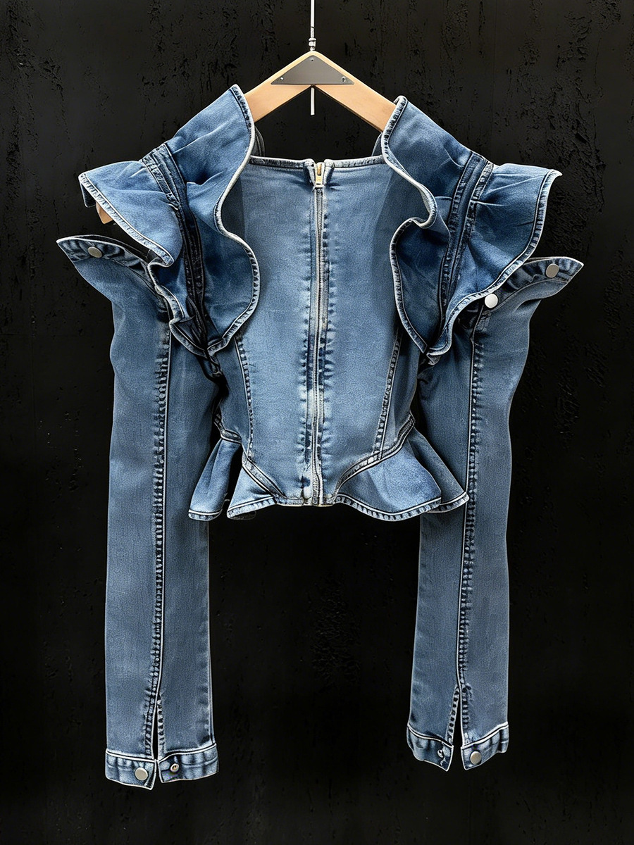 Long-sleeved Cropped Denim Jacket With Ruffled Hem 4 Long-sleeved Cropped Denim Jacket With Ruffled Hem - Image 4