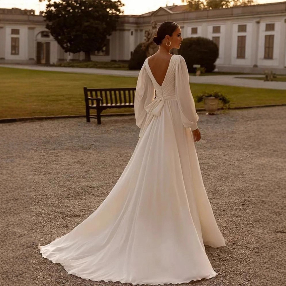 Bridal Chiffon Deep V Satin Long Sleeve Light Yarn Gown 3 Bridal Chiffon Deep V Satin Long Sleeve Light Yarn Gown - Image 3