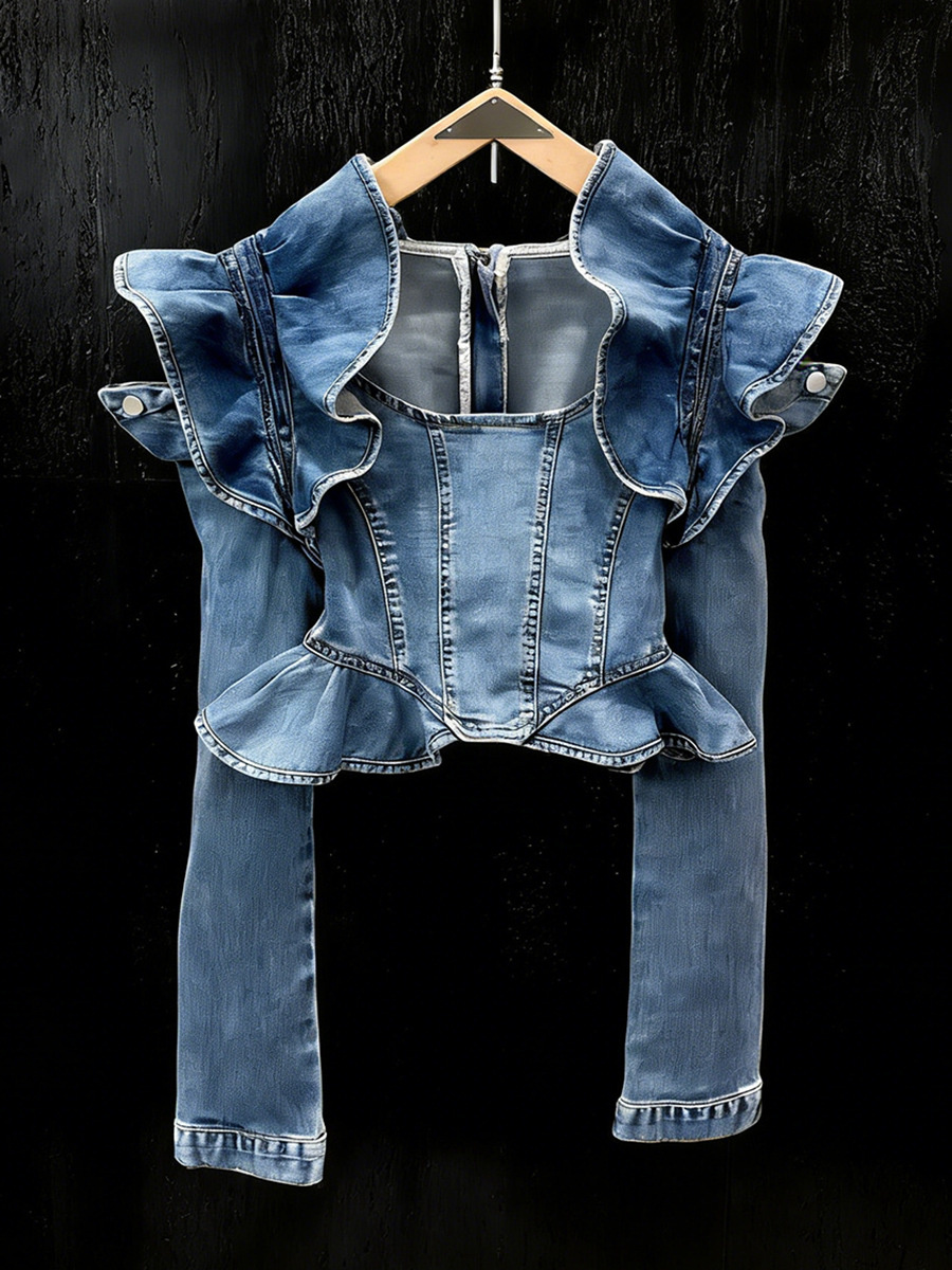 Long-sleeved Cropped Denim Jacket With Ruffled Hem 2 Long-sleeved Cropped Denim Jacket With Ruffled Hem - Image 2