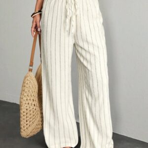 Textured Striped Wide-Leg Pants For Women, Elastic Waist Drawstring Casual Floor-Length Pants