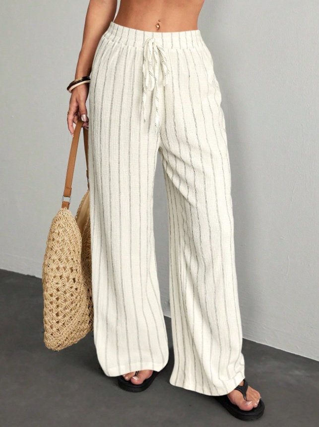 Textured Striped Wide-Leg Pants For Women, Elastic Waist Drawstring Casual Floor-Length Pants 1 Textured Striped Wide-Leg Pants For Women, Elastic Waist Drawstring Casual Floor-Length Pants