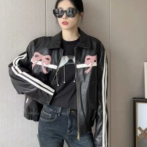 Women's Bow-Knot Zipper Leather Jacket