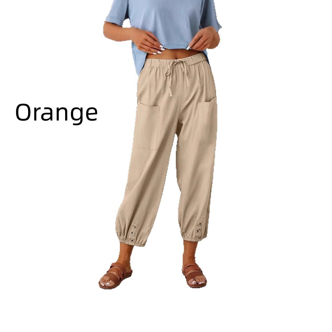 Buttoned Two-tone Linen Cropped Harem Pants 5 Buttoned Two-tone Linen Cropped Harem Pants - Image 5