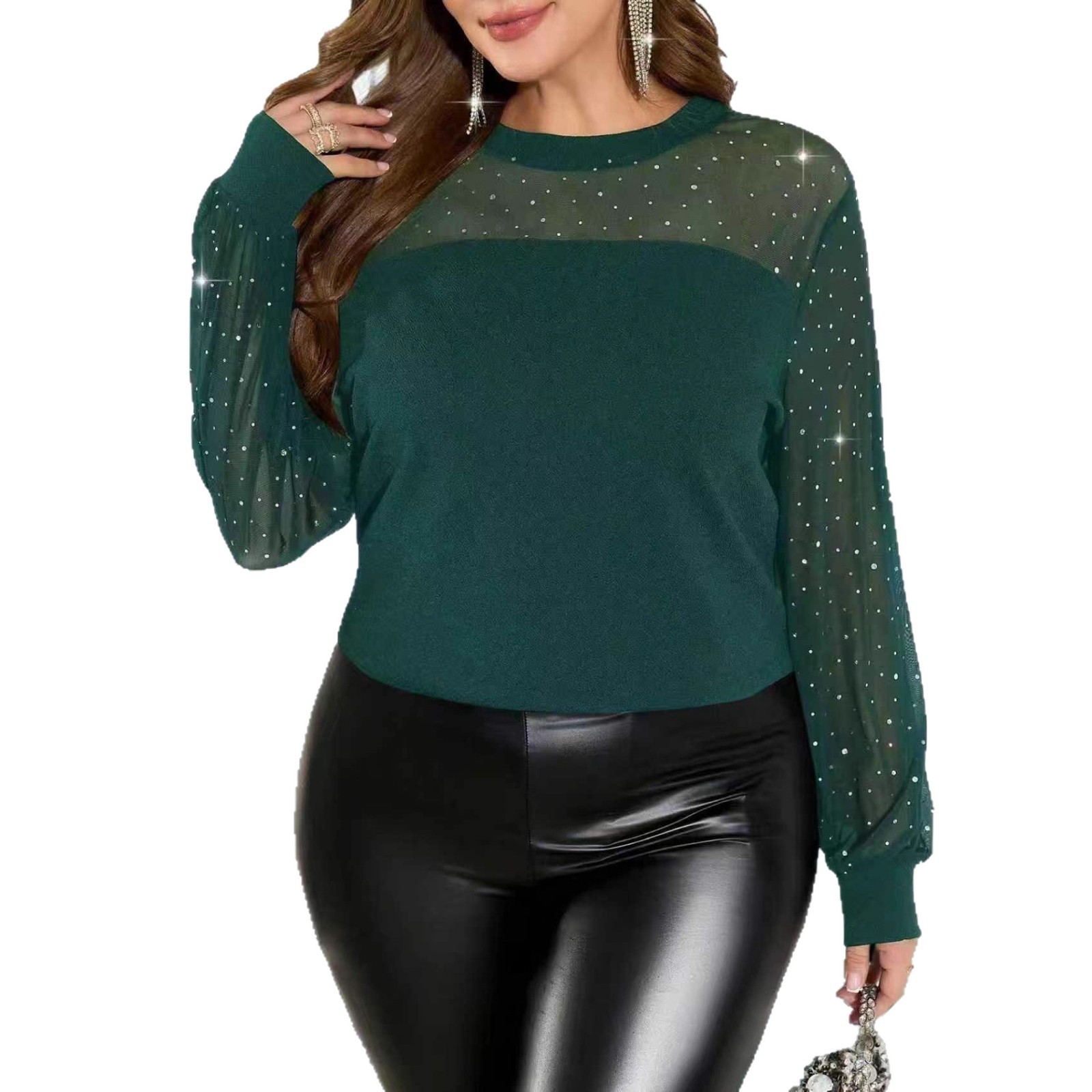 Women's Fashionable And Elegant Rhinestone-Embellished Mesh-Panel Long-Sleeve Top 5 Women's Fashionable And Elegant Rhinestone-Embellished Mesh-Panel Long-Sleeve Top - Image 5