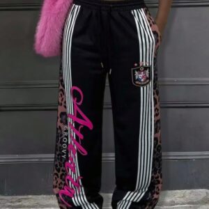 American Style Leopard Print Patchwork Sweatpants For Women, Side Stripes, Printed Letters, Trendy Street Style Casual Wide-Leg Pants
