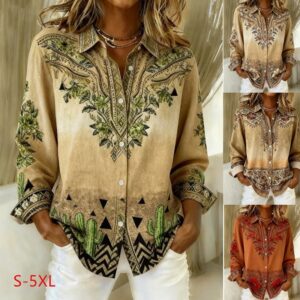 Womens Loose-Fitting Long-Sleeve Lapel-Neck Printed Shirt