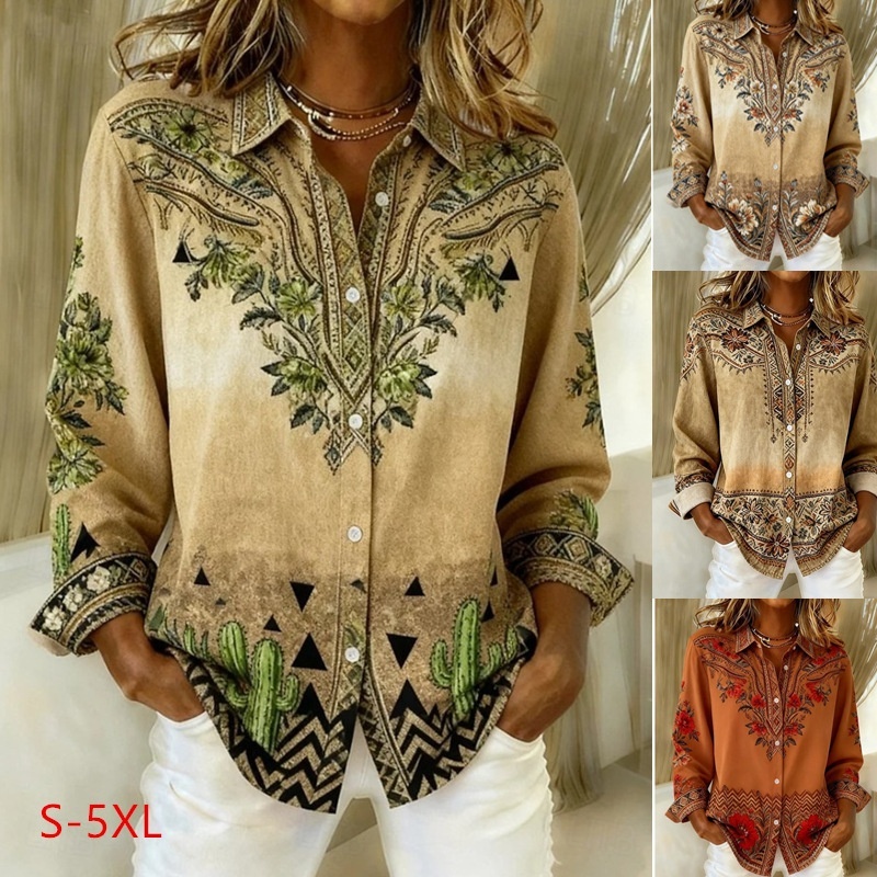 Loose-Fitting Long-Sleeve Lapel-Neck Printed Shirt 1 Loose-Fitting Long-Sleeve Lapel-Neck Printed Shirt