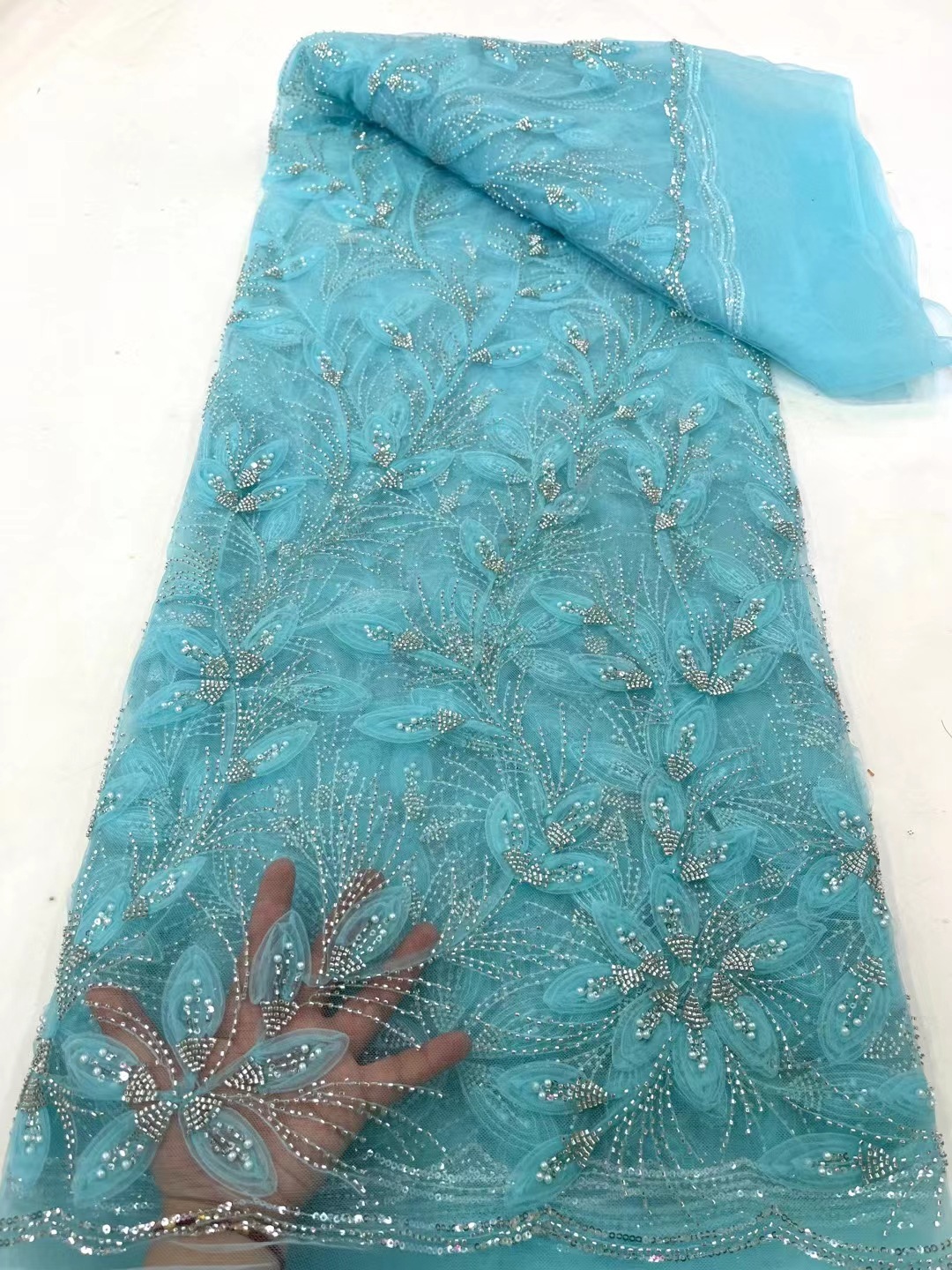 Ribbon Flower Beaded Tulle Lace Fabric Cocktail Party Occasion Evening Dress Embroidered Cloth Lace 9 Ribbon Flower Beaded Tulle Lace Fabric Cocktail Party Occasion Evening Dress Embroidered Cloth Lace - Image 9