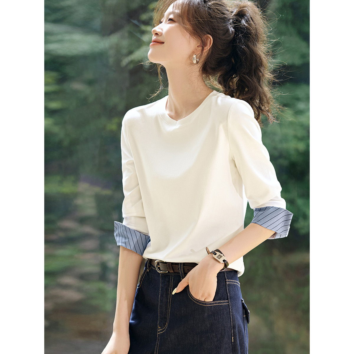 Autumn Round Neck Contrast Color Patchwork Striped Long Sleeve 2 Autumn Round Neck Contrast Color Patchwork Striped Long Sleeve - Image 2