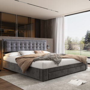 Upholstered Bed, Super King Size Bed-6ft180x200cm, Velvet Fabric, Double Bed, Large Storage Space,With Slats And Headboard,Without Mattress,Grey