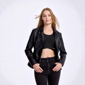 Womens Slim-fit Lightweight PU Leather Moto Jacket With A Turn-down Collar