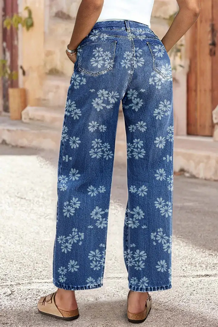 High Waist Straight Leg Jeans Vintage Floral Print Denim Pants 9 High Waist Straight Leg Jeans Vintage Floral Print Denim Pants - Image 9