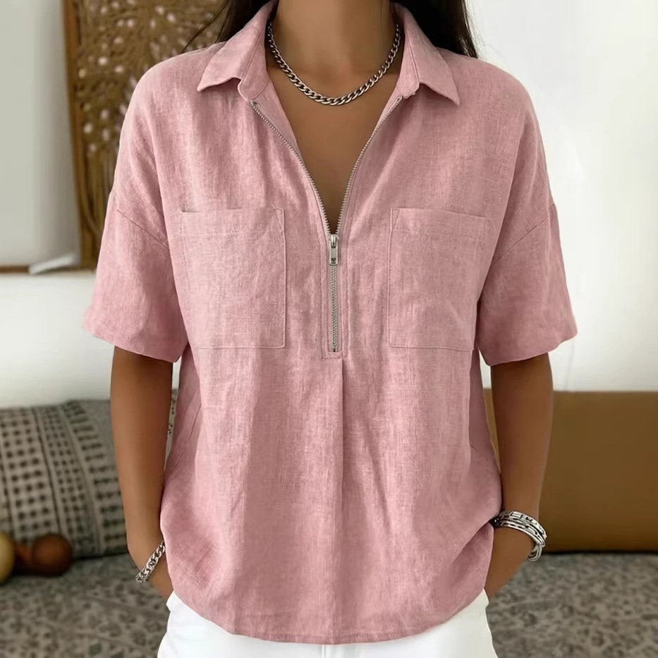 Loose-fit Lapel Short-sleeve Casual V-neck Zip-up Shirt 6 Loose-fit Lapel Short-sleeve Casual V-neck Zip-up Shirt - Image 6