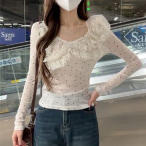 Slim-fit Polka-dot Lace All-match Long-sleeve Shirt