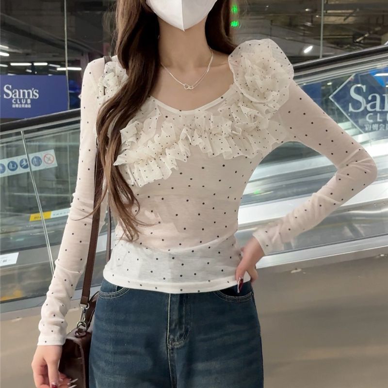 Slim-fit Polka-dot Lace Long-sleeve Shirt 1 Slim-fit Polka-dot Lace Long-sleeve Shirt