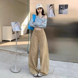 Khaki Loose-fit Wide-leg Cargo Jeans