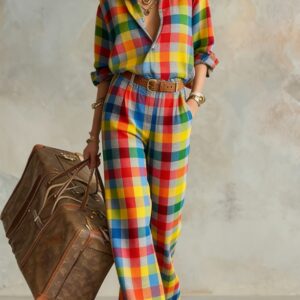 Vertical Striped Collared Loose Long-sleeved Shirt And Wide-leg Pants Suit