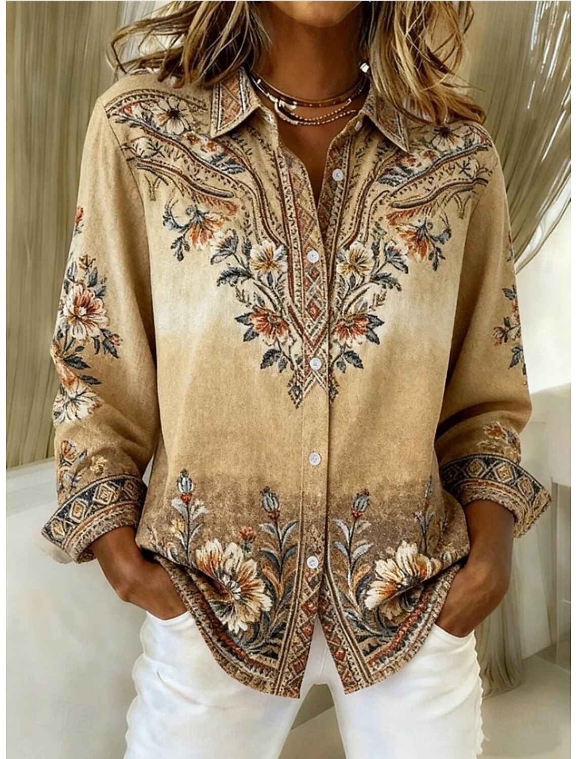 Loose-Fitting Long-Sleeve Lapel-Neck Printed Shirt 9 Loose-Fitting Long-Sleeve Lapel-Neck Printed Shirt - Image 9
