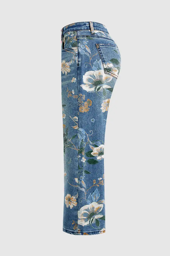 High Waist Straight Leg Jeans Vintage Floral Print Denim Pants 6 High Waist Straight Leg Jeans Vintage Floral Print Denim Pants - Image 6