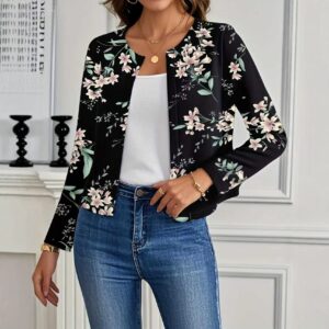 Women's Casual Crew-Neck Printed Short Long-Sleeve Jacket