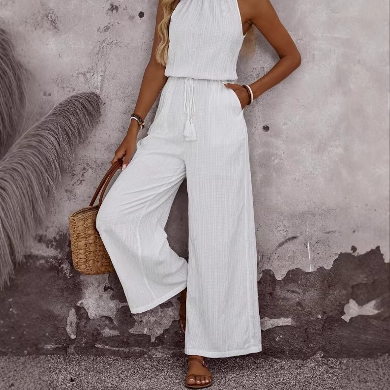 Tasseled Lace-up Pocketed Wide-leg Casual Jumpsuit For Women 4 Tasseled Lace-up Pocketed Wide-leg Casual Jumpsuit For Women - Image 4