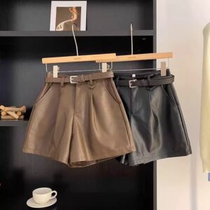 Black PU Leather Shorts A-line Wide-leg Pants