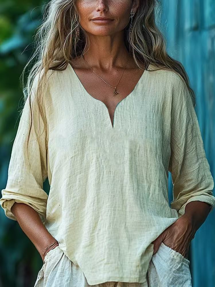 Casual Loose Fashion Cotton-Linen Long-Sleeve V-Neck Solid Color Top 4 Casual Loose Fashion Cotton-Linen Long-Sleeve V-Neck Solid Color Top - Image 4