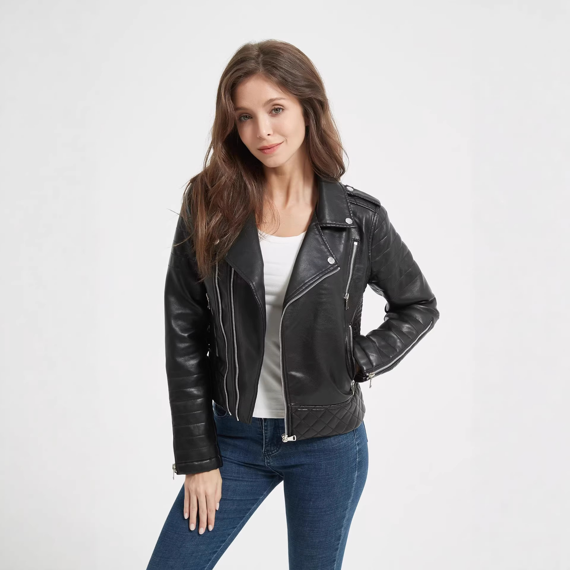 Turn-down Collar Motorcycle PU Leather Jacket Womens 3 Turn-down Collar Motorcycle PU Leather Jacket Womens - Image 3