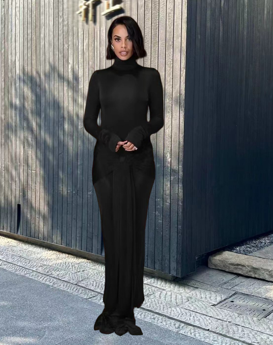 High Collar Solid Color European And American High-end Lace-up Design Dress 4 High Collar Solid Color European And American High-end Lace-up Design Dress - Image 4