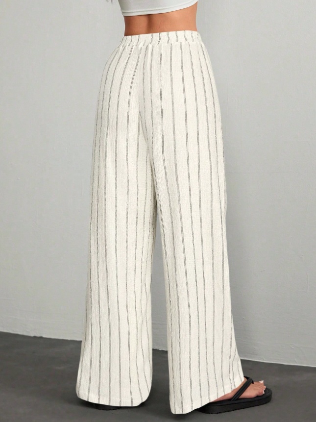 Textured Striped Wide-Leg Pants For Women, Elastic Waist Drawstring Casual Floor-Length Pants 4 Textured Striped Wide-Leg Pants For Women, Elastic Waist Drawstring Casual Floor-Length Pants - Image 4