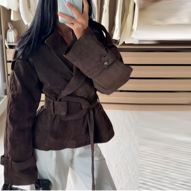 Retro Brown Lace-Up Suede Jacket For Women 3 Retro Brown Lace-Up Suede Jacket For Women - Image 3