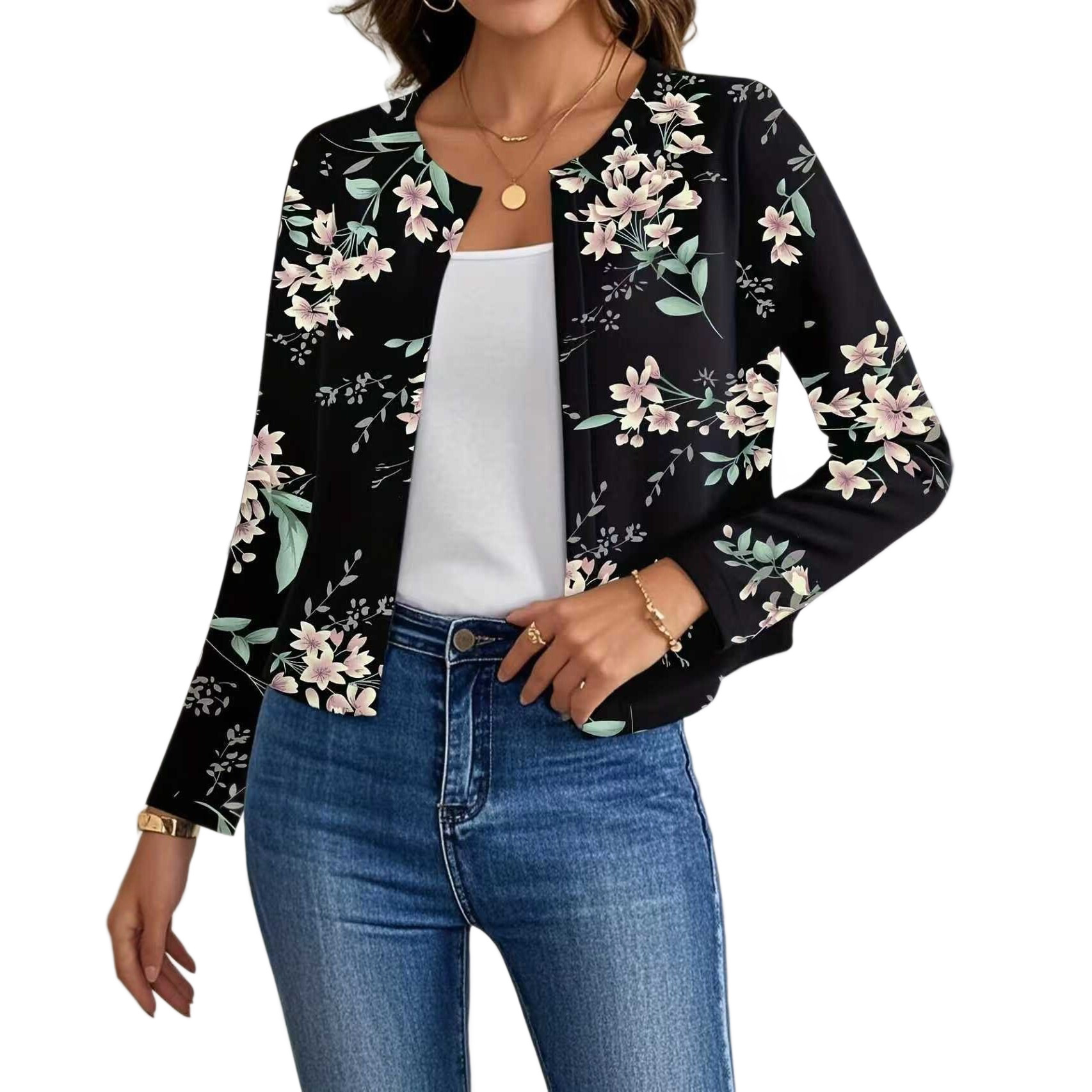 Women's Casual Crew-Neck Printed Short Long-Sleeve Jacket 4 Women's Casual Crew-Neck Printed Short Long-Sleeve Jacket - Image 4