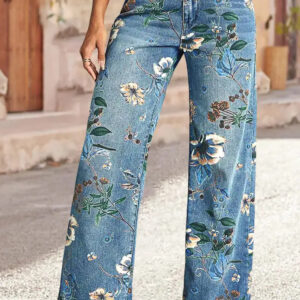 High Waist Straight Leg Jeans Vintage Floral Print Denim Pants