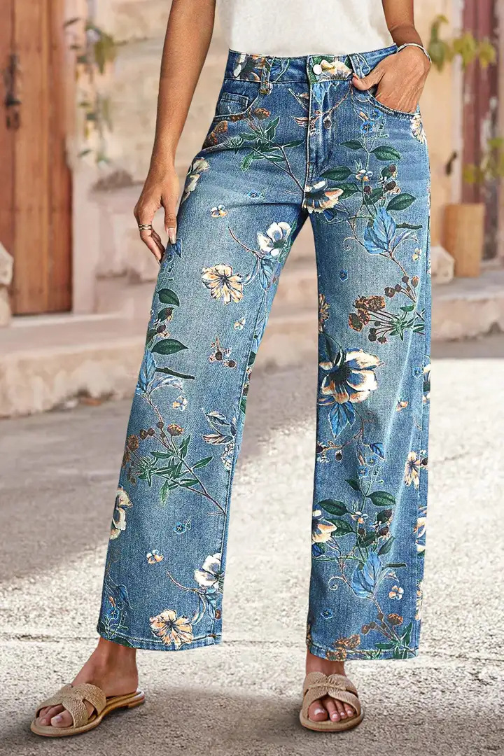 High Waist Straight Leg Jeans Vintage Floral Print Denim Pants 1 High Waist Straight Leg Jeans Vintage Floral Print Denim Pants