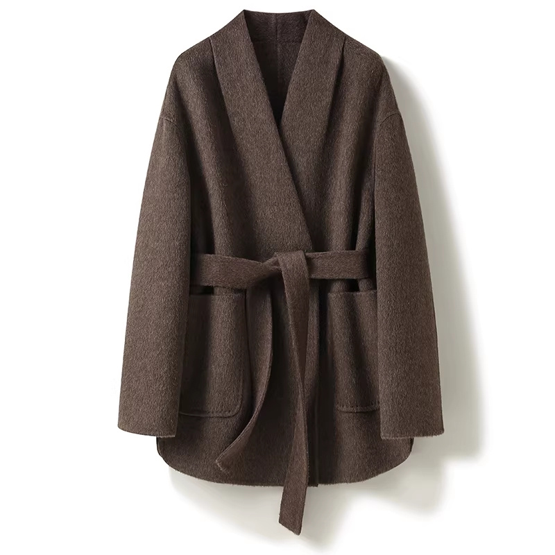 Camel-wool V-neck Wool Double-faced Wool Belted Coat 2 Camel-wool V-neck Wool Double-faced Wool Belted Coat - Image 2