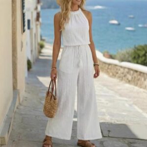 Tasseled Lace-up Pocketed Wide-leg Casual Jumpsuit For Women