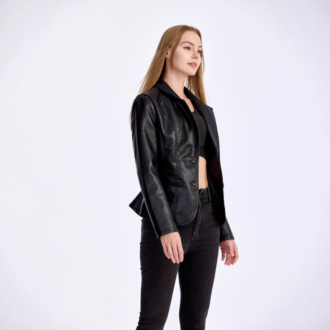 Womens Slim-fit Lightweight PU Leather Moto Jacket With A Turn-down Collar 2 Womens Slim-fit Lightweight PU Leather Moto Jacket With A Turn-down Collar - Image 2