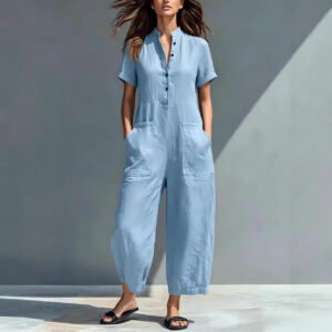 Simple Linen-blend Buttoned Stand Collar Short-sleeve Loose Jumpsuit