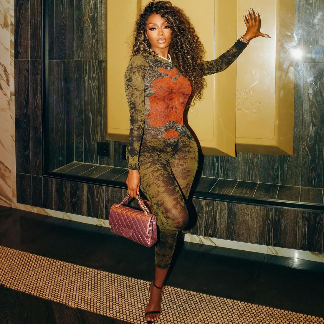 Women's Printed Sexy Mesh High Waist Slim-fit Zipper Long-sleeved Jumpsuit 1 Women's Printed Sexy Mesh High Waist Slim-fit Zipper Long-sleeved Jumpsuit