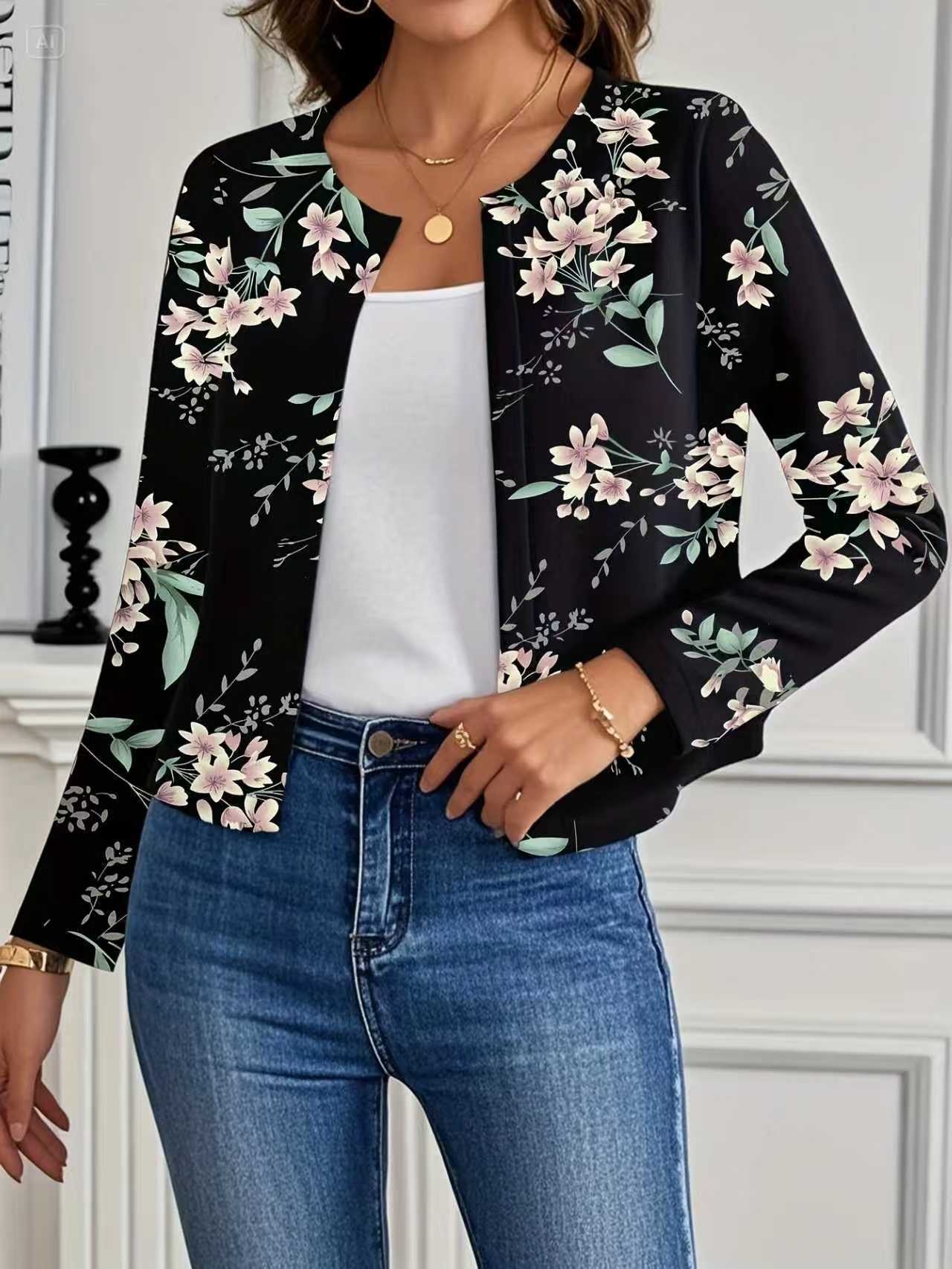 Women's Casual Crew-Neck Printed Short Long-Sleeve Jacket 5 Women's Casual Crew-Neck Printed Short Long-Sleeve Jacket - Image 5