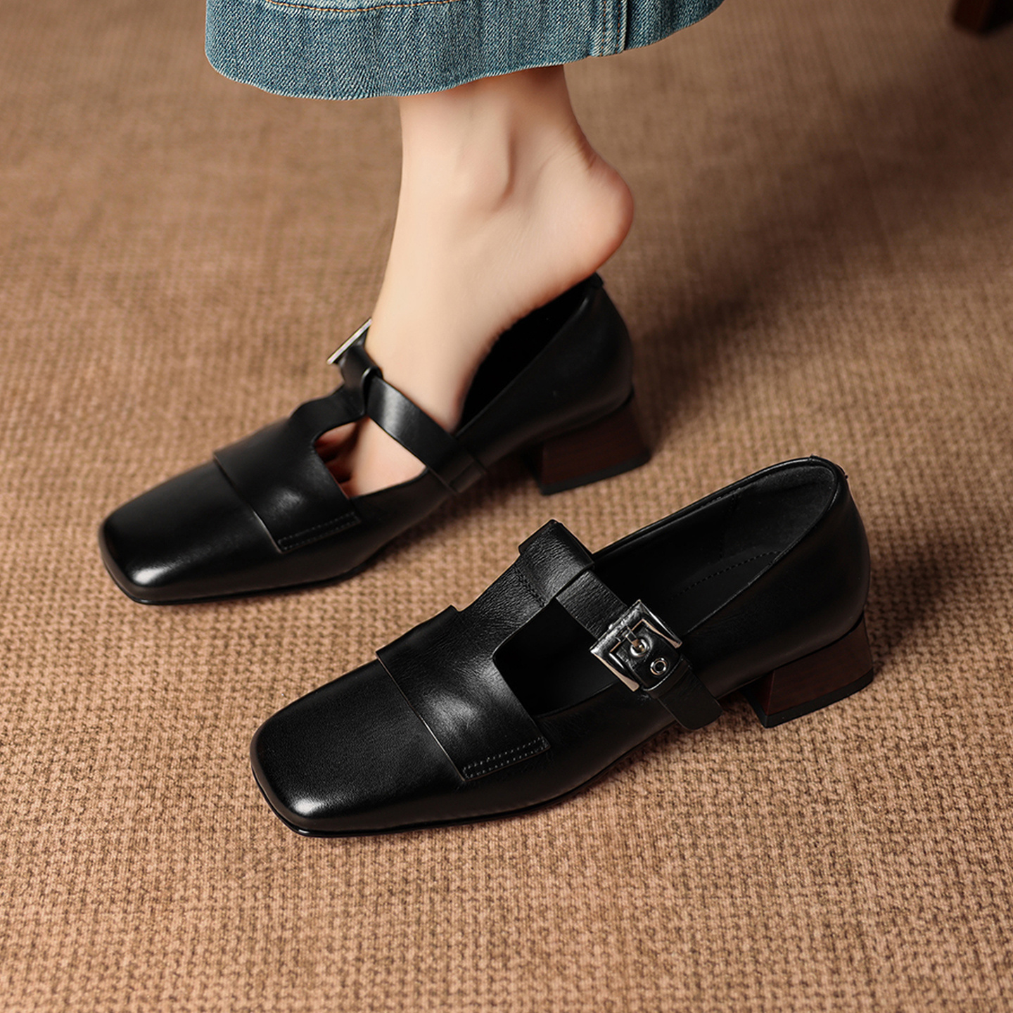 Leather Mary Jane Shoes T-Strap Buckle Low Block Heel Pumps 6 Leather Mary Jane Shoes T-Strap Buckle Low Block Heel Pumps - Image 6